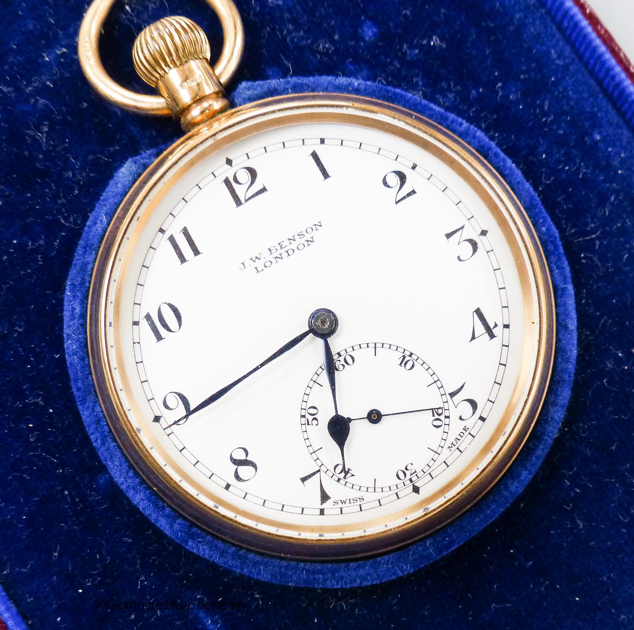 A late 1920's 9ct gold open faced J.W. Benson keyless pocket watch, case diameter 48mm, gross weight 89.6 grams, in original box.